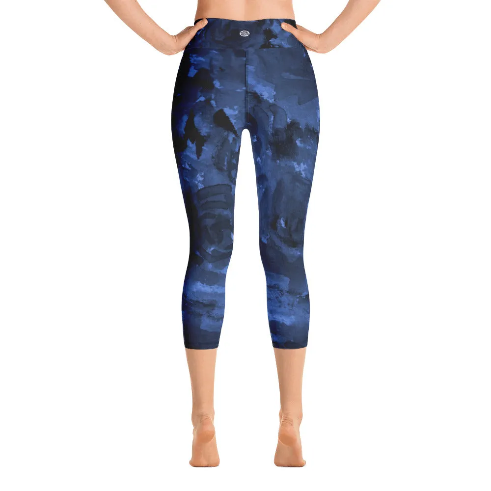 Navy Blue Floral Capris Tights, Best Deep Blue Rose Floral Print Capri Leggings w/ Pockets Women's Yoga Pants