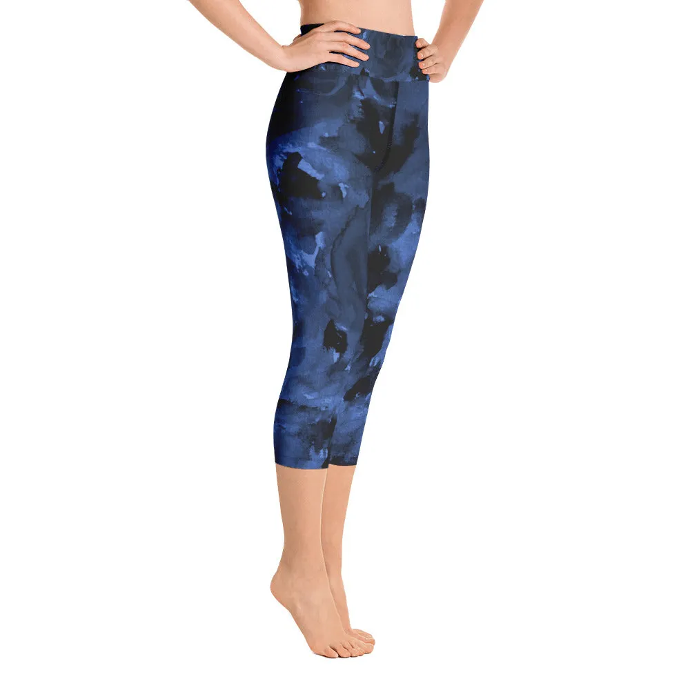 Navy Blue Floral Capris Tights, Best Deep Blue Rose Floral Print Capri Leggings w/ Pockets Women's Yoga Pants