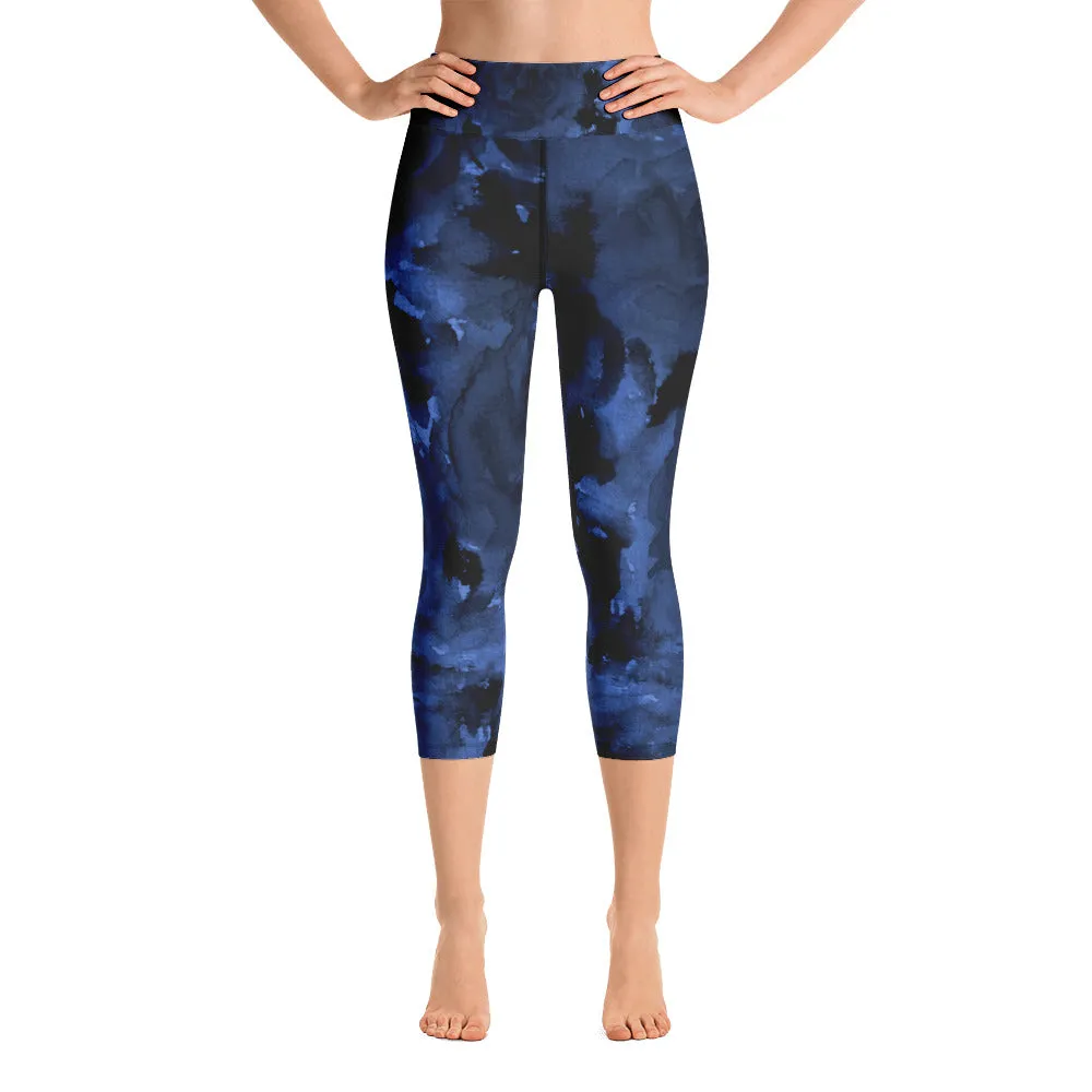 Navy Blue Floral Capris Tights, Best Deep Blue Rose Floral Print Capri Leggings w/ Pockets Women's Yoga Pants