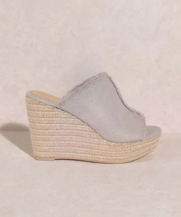 OASIS SOCIETY Bliss - Light Grey Distressed Linen Wedge Sandals