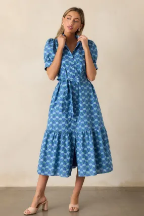 Orchid Waters Cotton Blue Floral Button Front Midi Dress