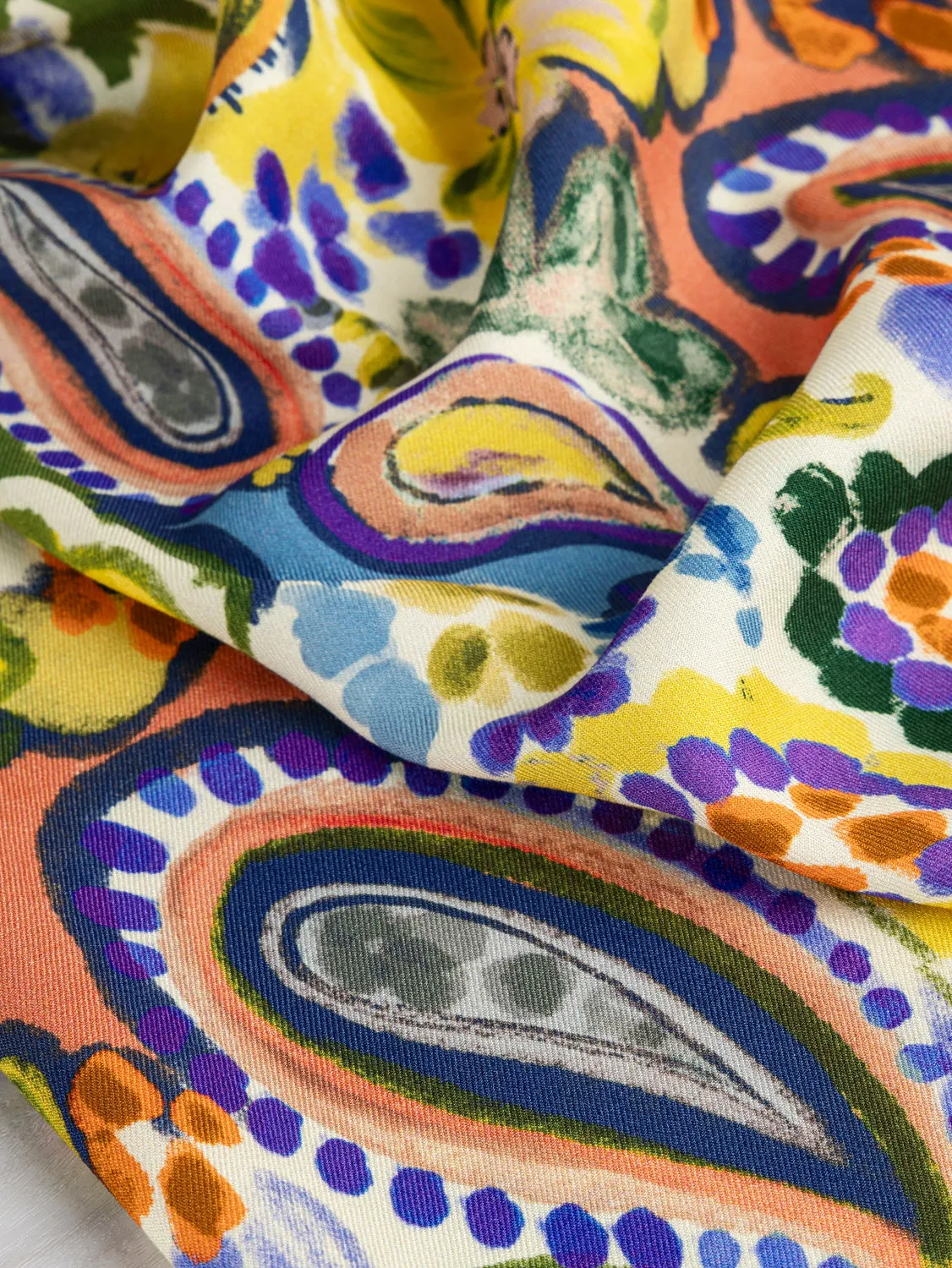 Paisley Flower Print Viscose Twill - Cream   Purple   Green   Orange