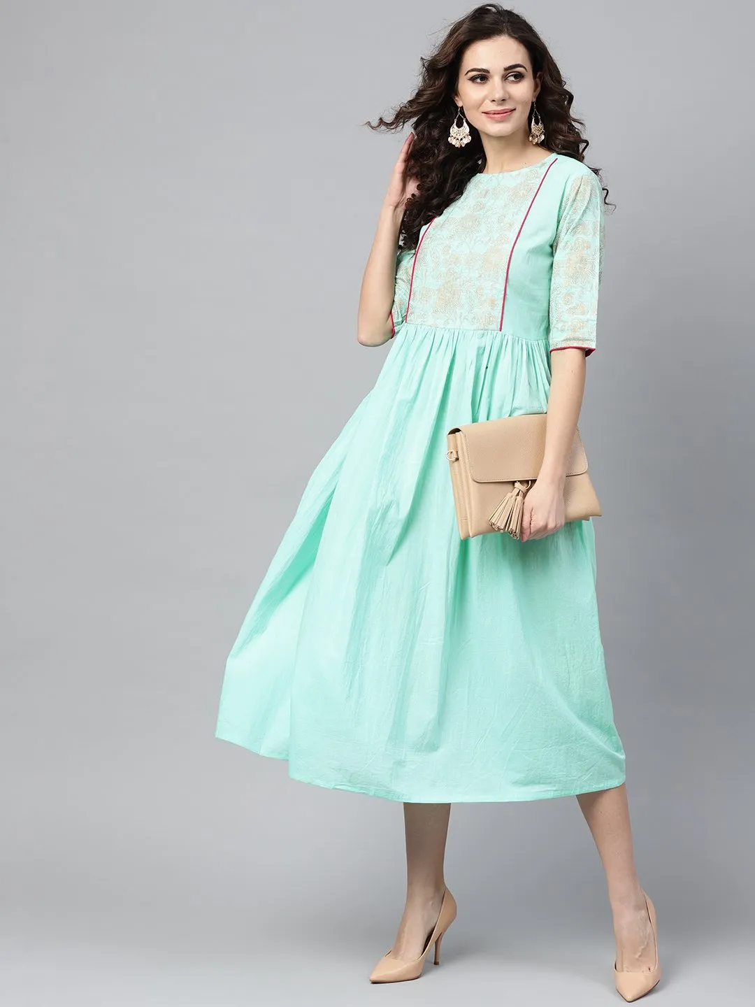 Pastel Green Dress With Front Gold Printed Yoke & 3/4 sleeves