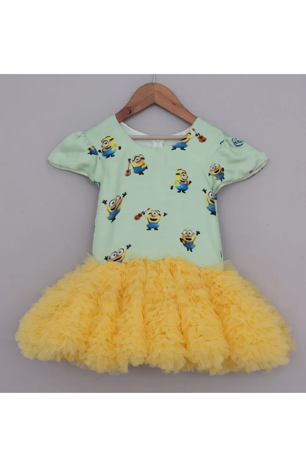 Pastel Green Minions Printed With Yellow Frill Dress