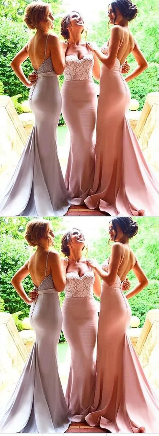 Pastel Long Mermaid Low Back Bridesmaid Dresses with Spaghetti Straps