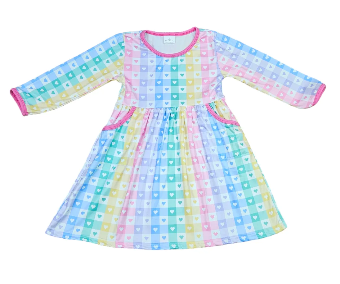 Pastel Plaid Heart Pocket Long Sleeve Milk Silk Dress