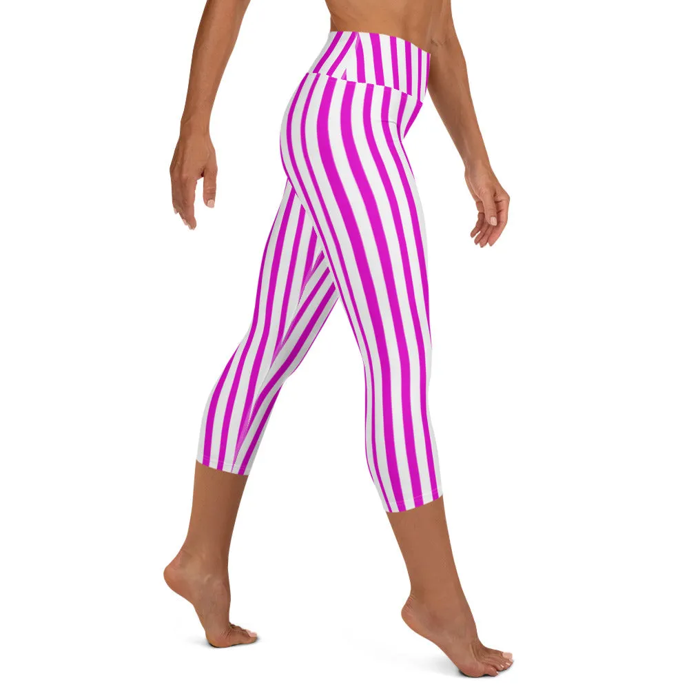 Pink Striped Yoga Capri Leggings, Women's Stripes Capris Best Modern Tights-Made in USA/EU