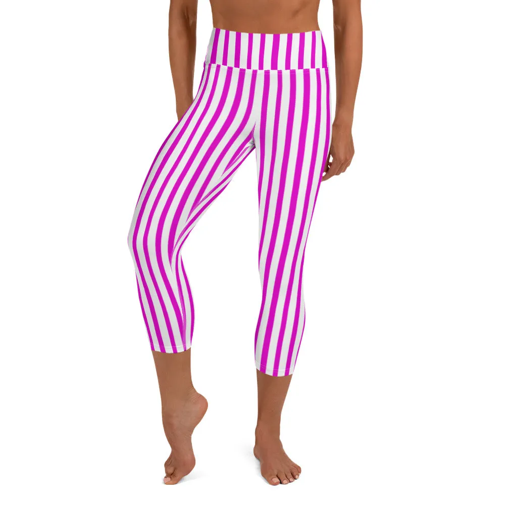 Pink Striped Yoga Capri Leggings, Women's Stripes Capris Best Modern Tights-Made in USA/EU