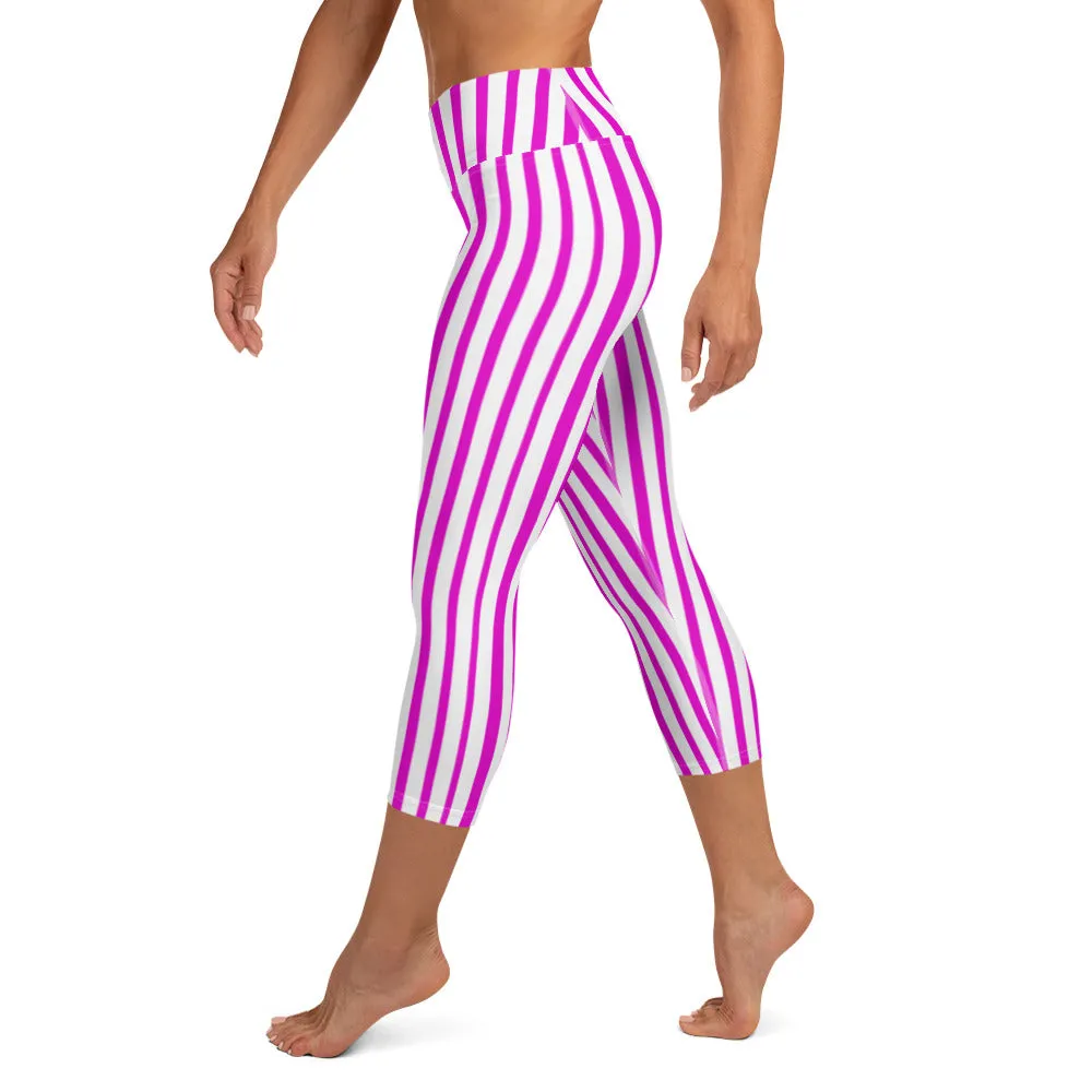 Pink Striped Yoga Capri Leggings, Women's Stripes Capris Best Modern Tights-Made in USA/EU