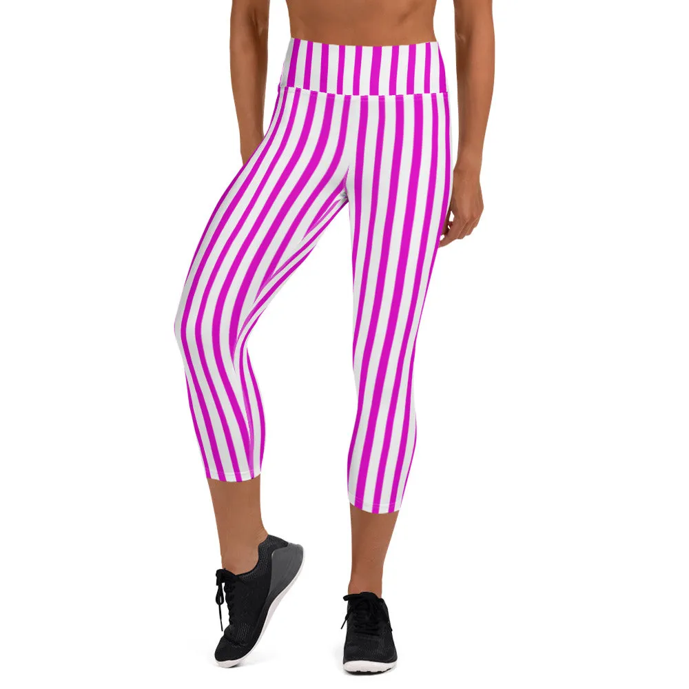 Pink Striped Yoga Capri Leggings, Women's Stripes Capris Best Modern Tights-Made in USA/EU