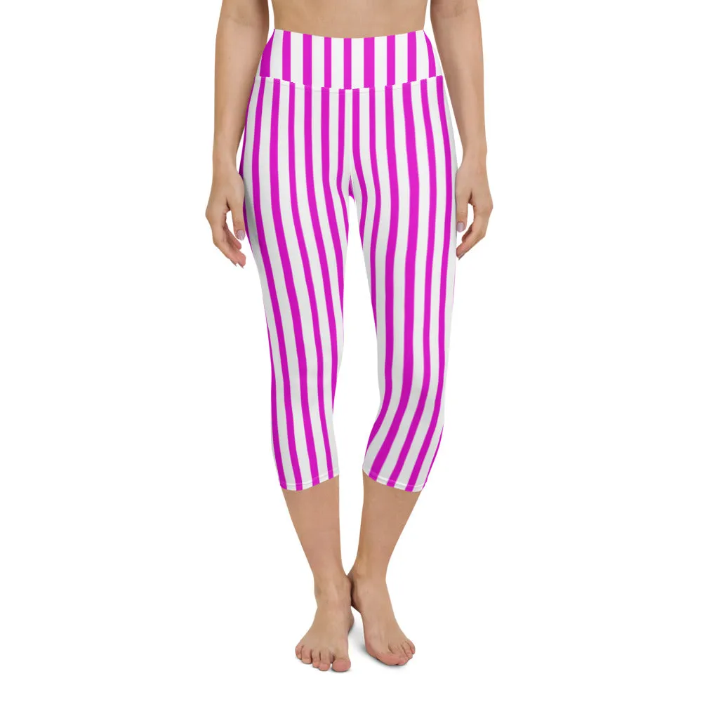 Pink Striped Yoga Capri Leggings, Women's Stripes Capris Best Modern Tights-Made in USA/EU