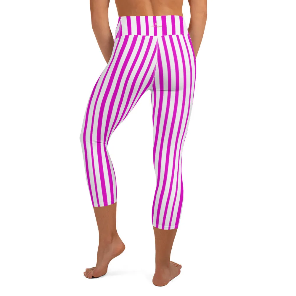 Pink Striped Yoga Capri Leggings, Women's Stripes Capris Best Modern Tights-Made in USA/EU