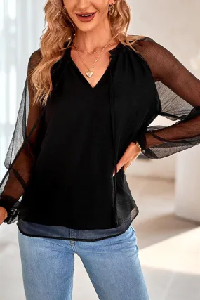 Plain V Neck Ruffled Collar Sheer Long Sleeves Blouse