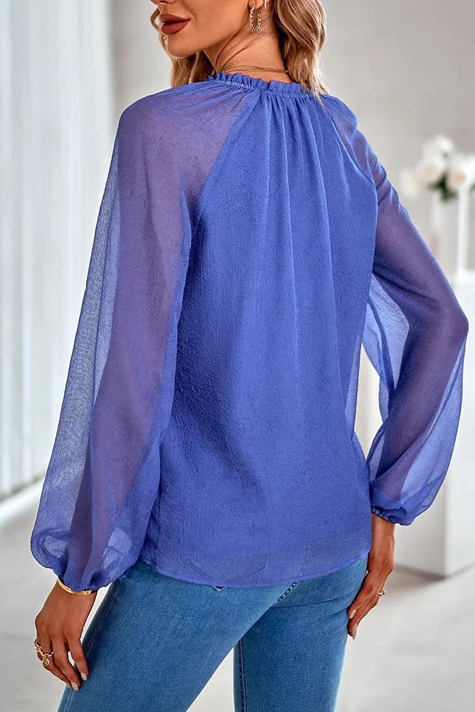 Plain V Neck Ruffled Collar Sheer Long Sleeves Blouse