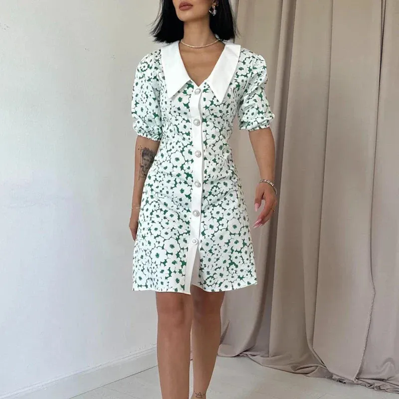 Polo Collar Fashion Print Elegant Short Sleeve Button Mini Floral Stitching Dress