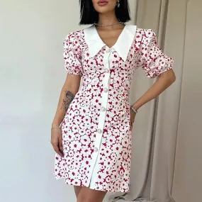 Polo Collar Fashion Print Elegant Short Sleeve Button Mini Floral Stitching Dress