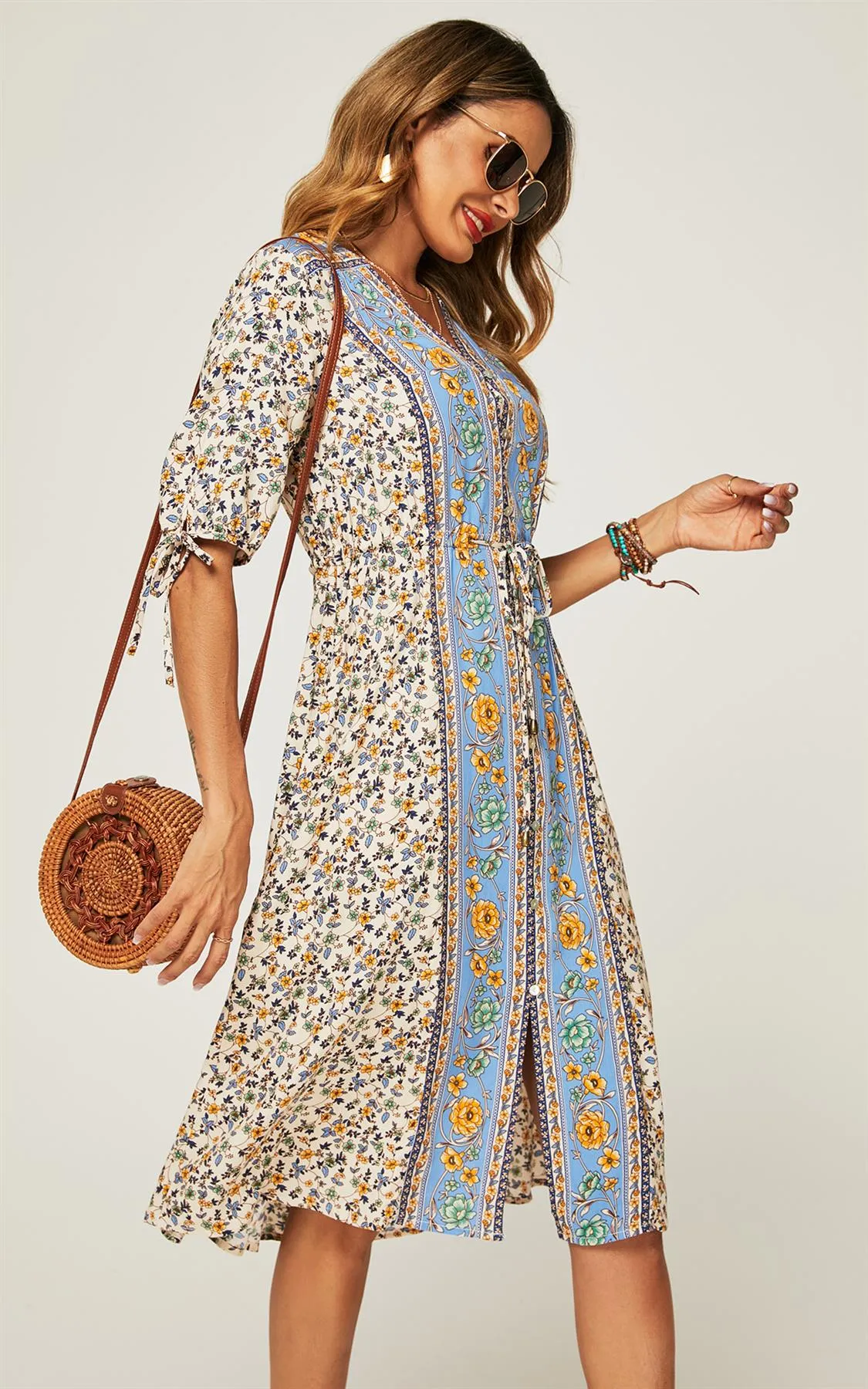 Relaxed Blue Block Color Floral Printed Skater Midi Dress In Beige