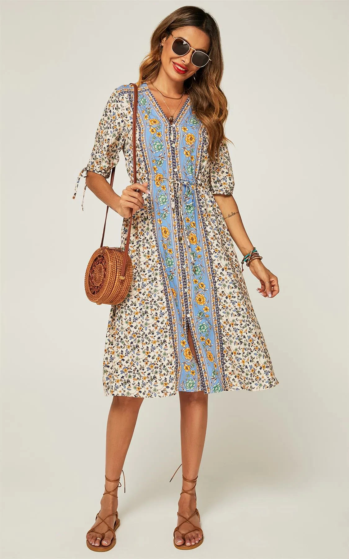 Relaxed Blue Block Color Floral Printed Skater Midi Dress In Beige