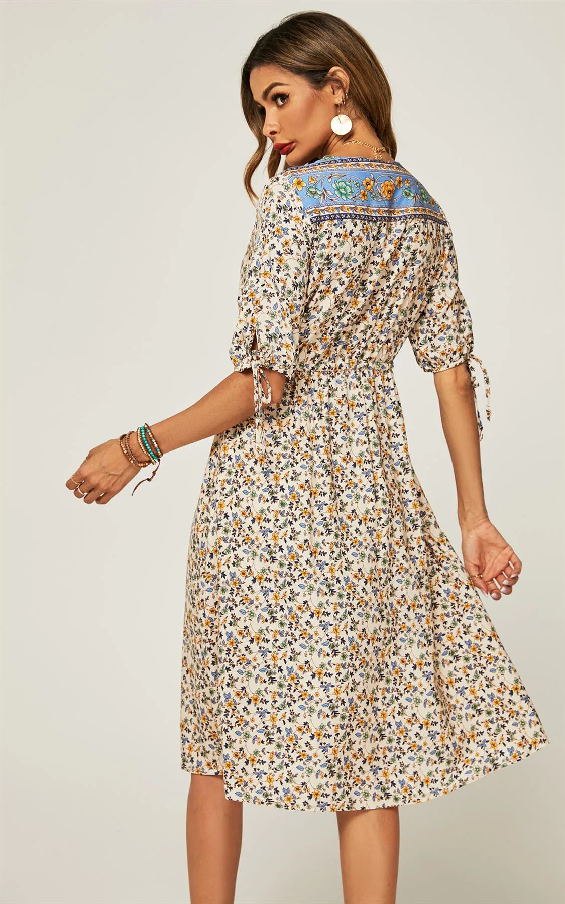 Relaxed Blue Block Color Floral Printed Skater Midi Dress In Beige