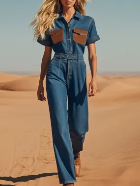 Retro Casual Denim Short Sleeve Wide Leg Jumpsuit