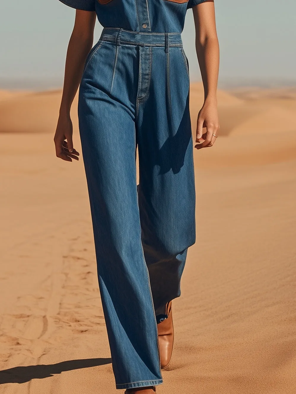 Retro Casual Denim Short Sleeve Wide Leg Jumpsuit