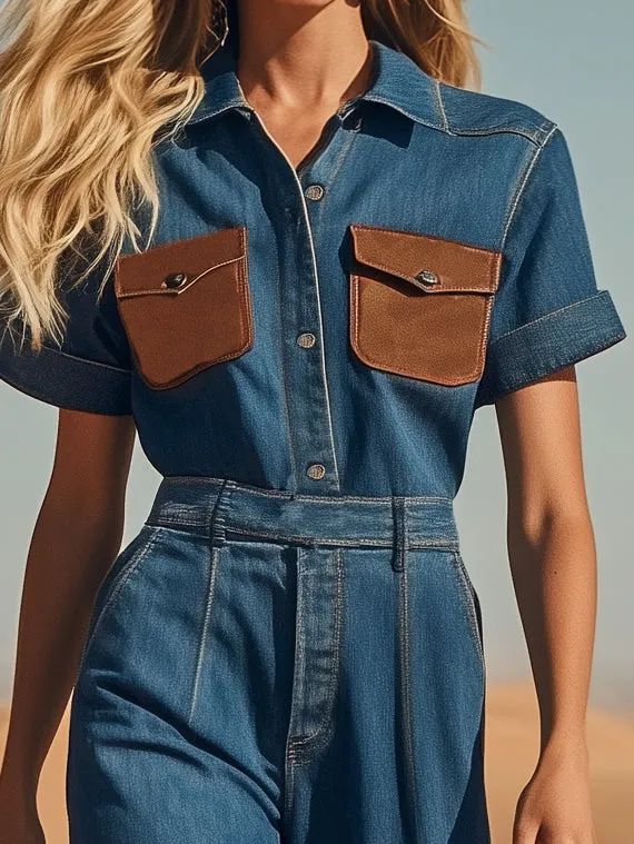 Retro Casual Denim Short Sleeve Wide Leg Jumpsuit