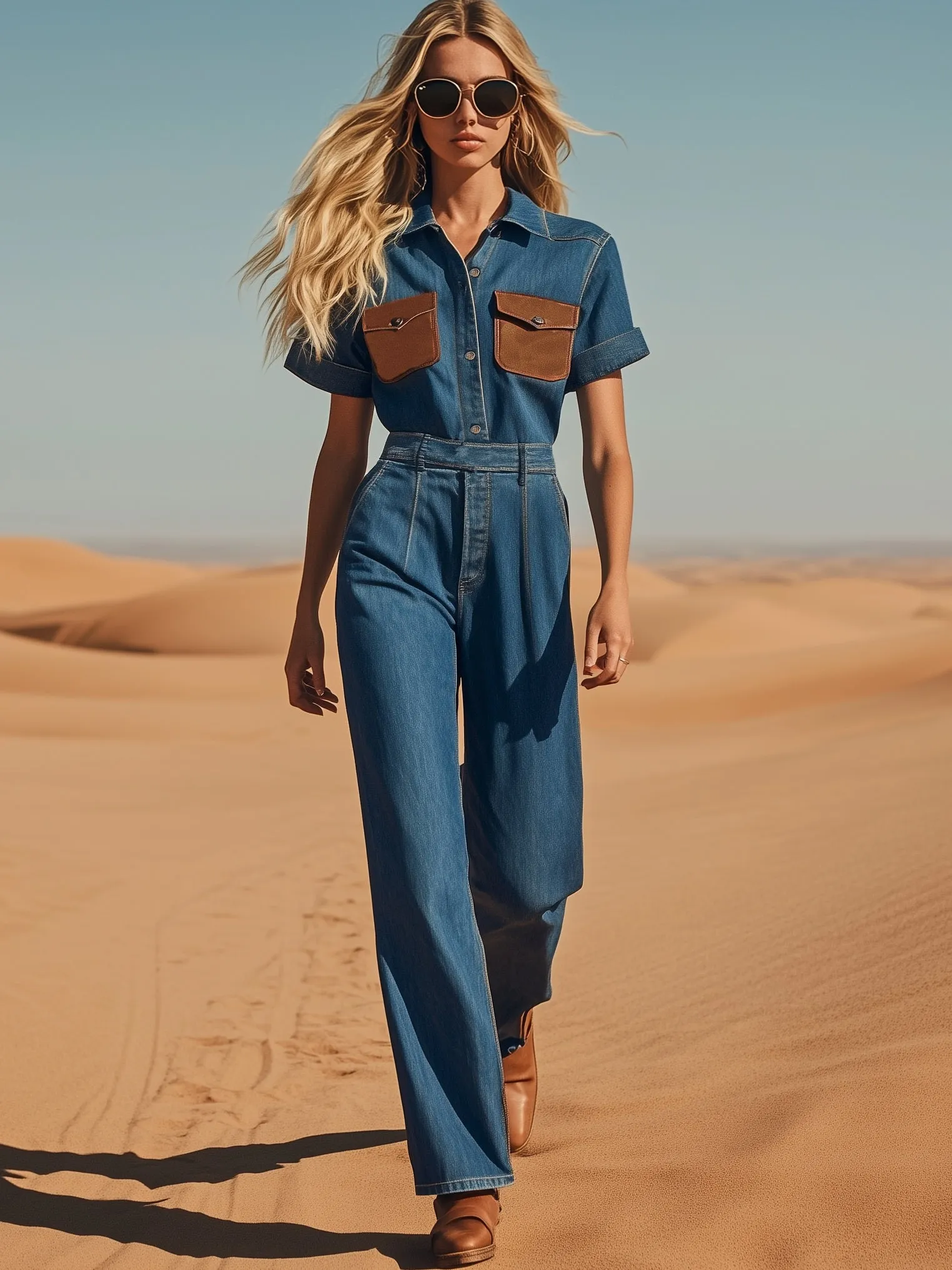 Retro Casual Denim Short Sleeve Wide Leg Jumpsuit