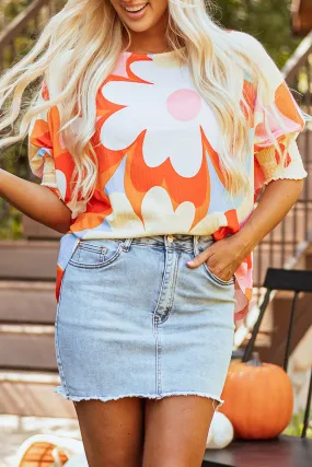 Ribbed Floral Printed Shirred Blouse