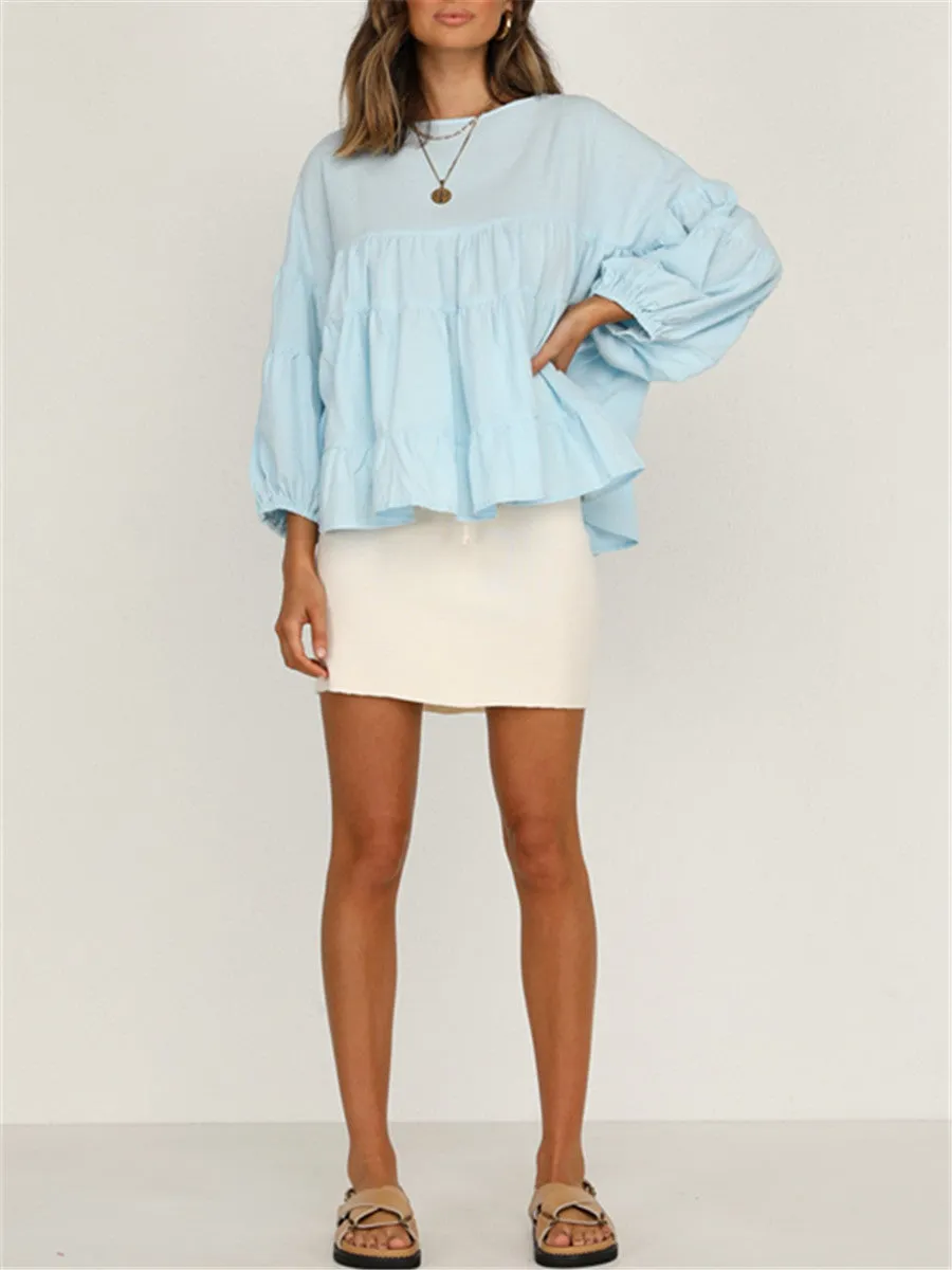 Round Neck Long-sleeved Ruffled Shirt