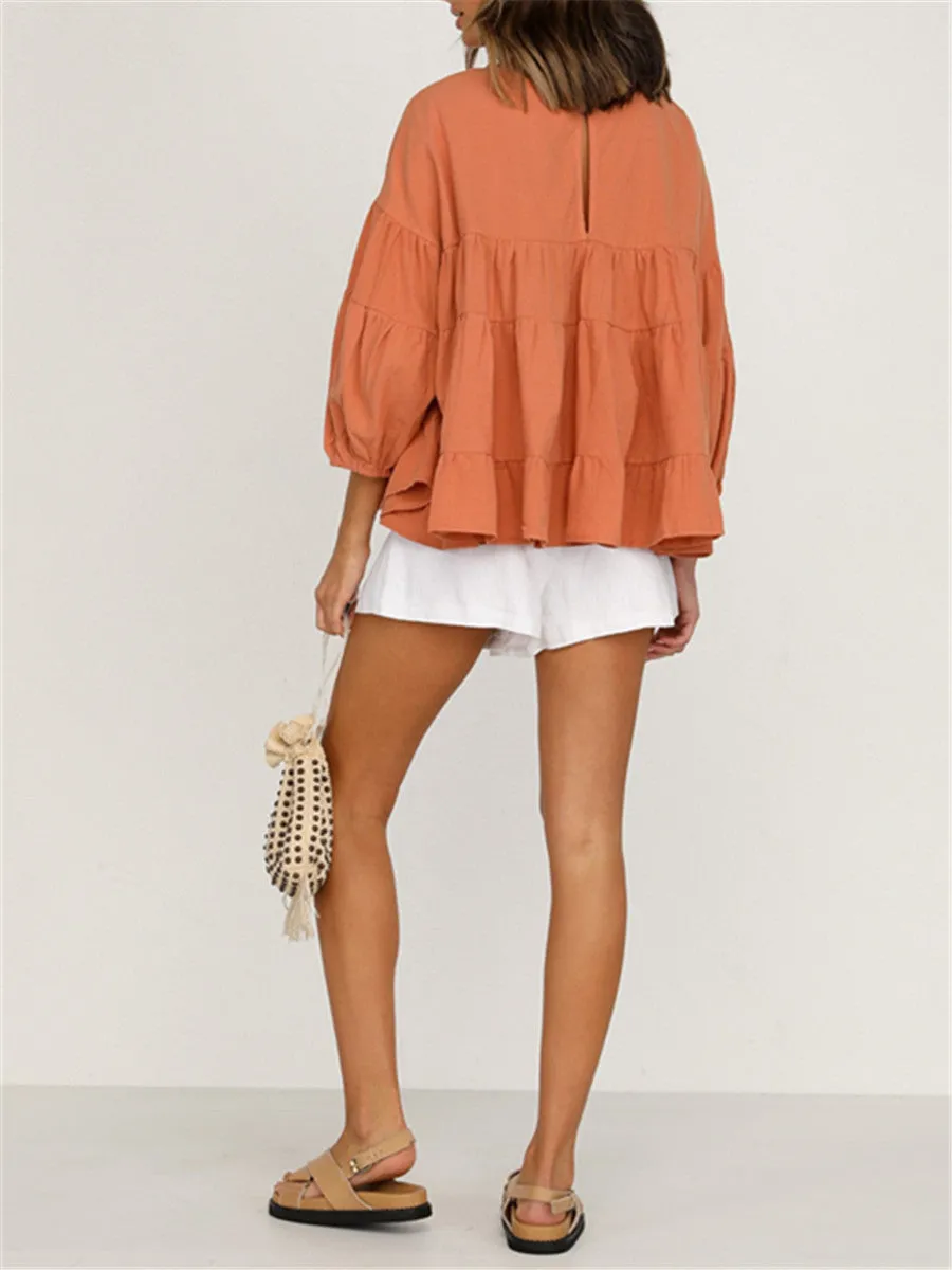 Round Neck Long-sleeved Ruffled Shirt