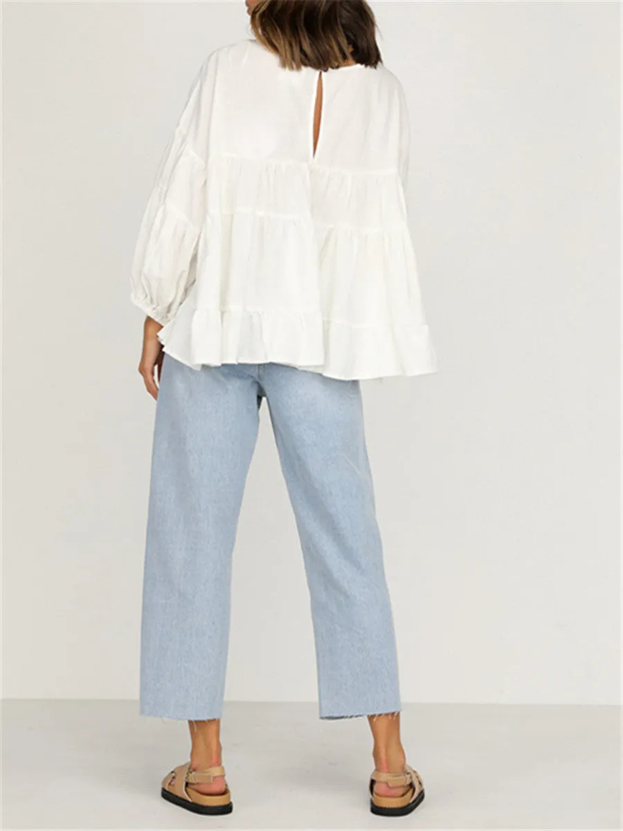 Round Neck Long-sleeved Ruffled Shirt