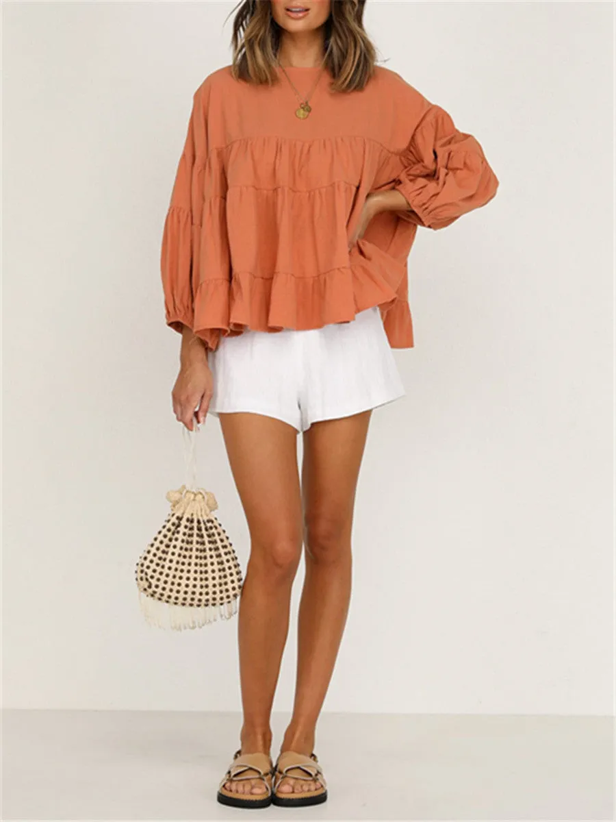 Round Neck Long-sleeved Ruffled Shirt