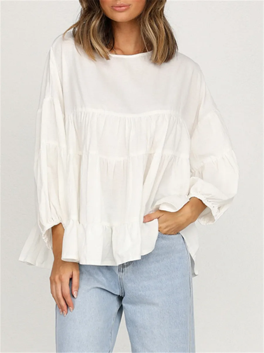 Round Neck Long-sleeved Ruffled Shirt