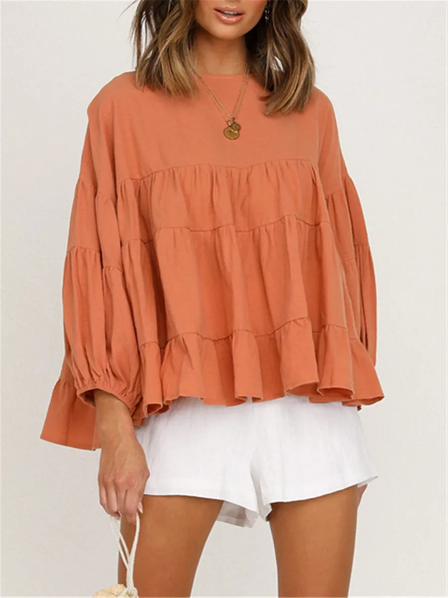 Round Neck Long-sleeved Ruffled Shirt