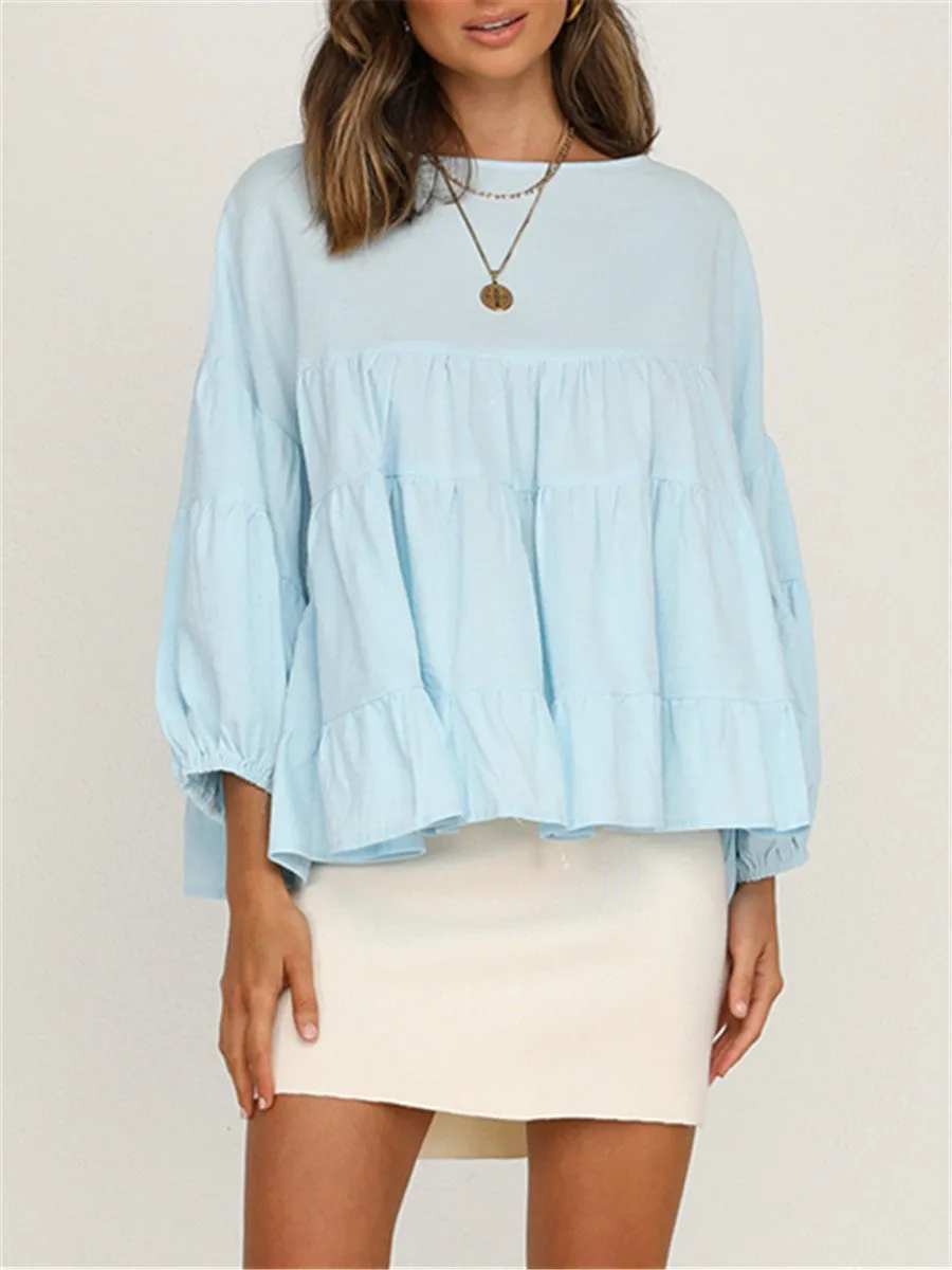 Round Neck Long-sleeved Ruffled Shirt