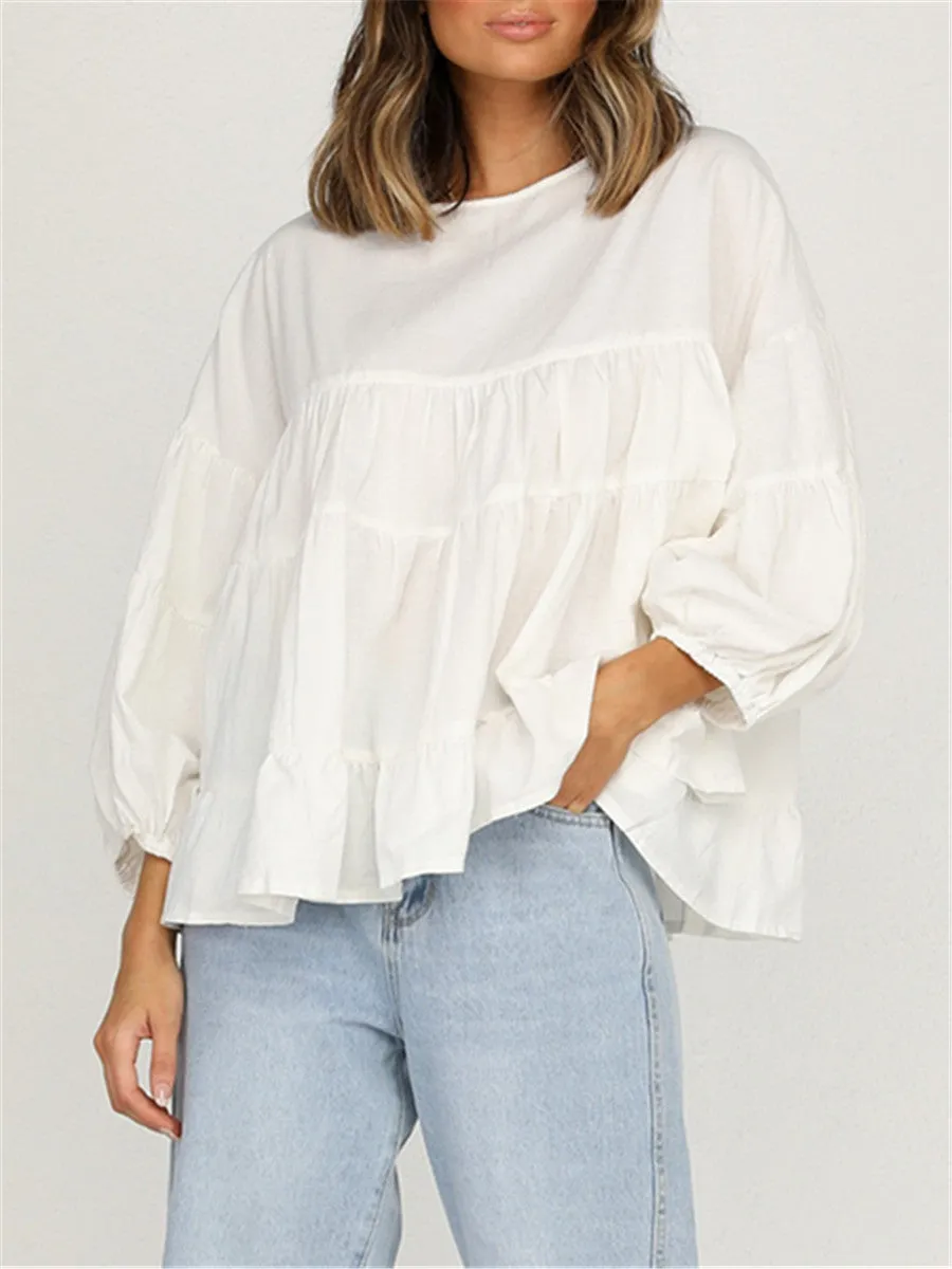 Round Neck Long-sleeved Ruffled Shirt