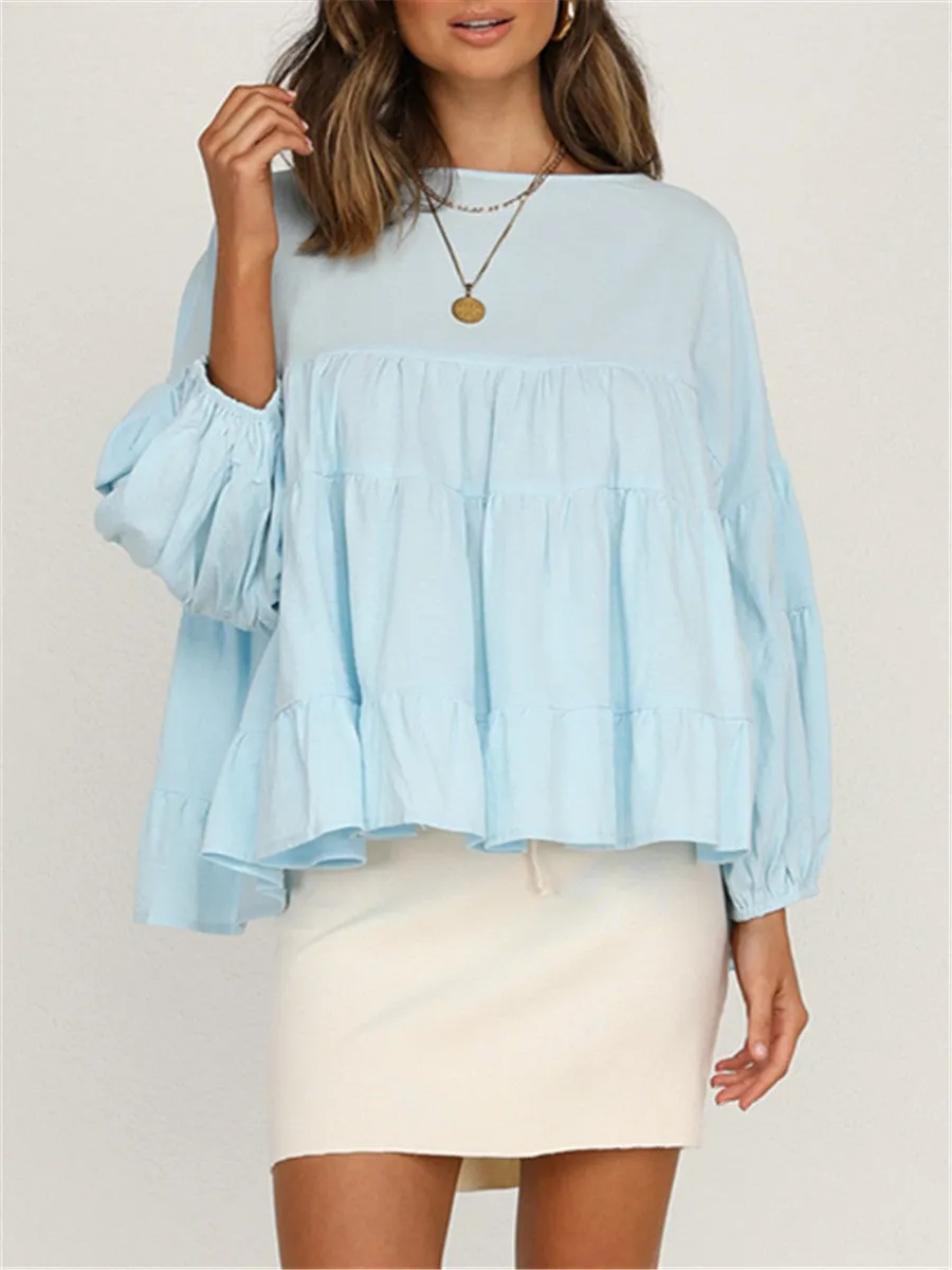 Round Neck Long-sleeved Ruffled Shirt