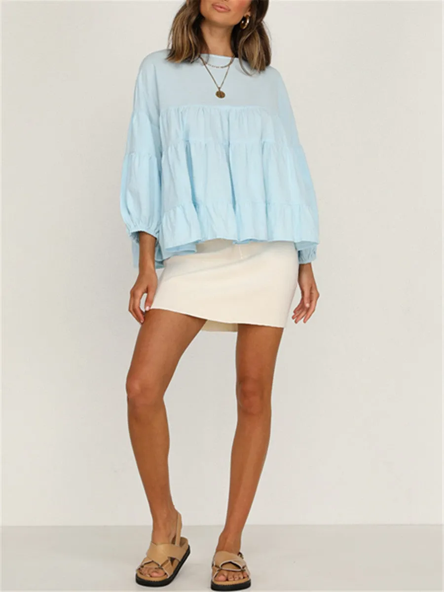 Round Neck Long-sleeved Ruffled Shirt