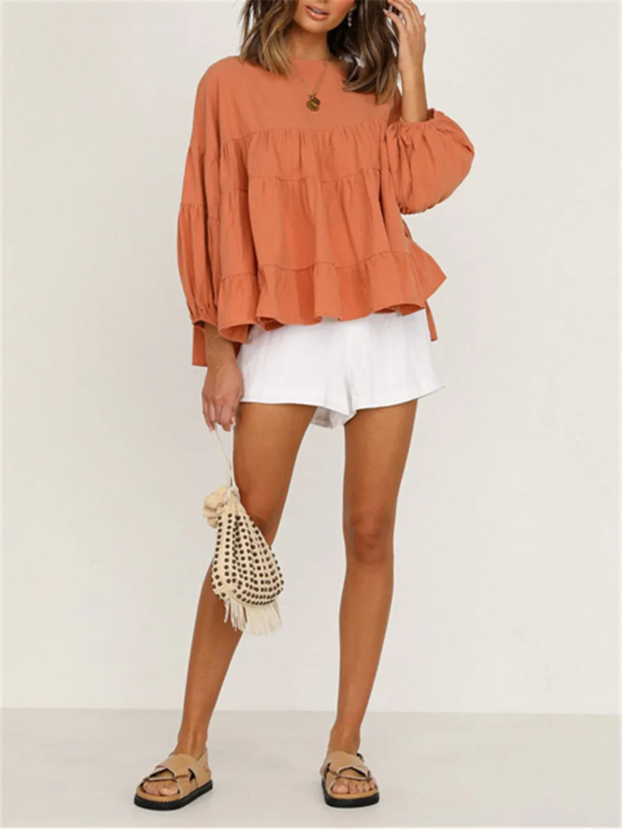 Round Neck Long-sleeved Ruffled Shirt