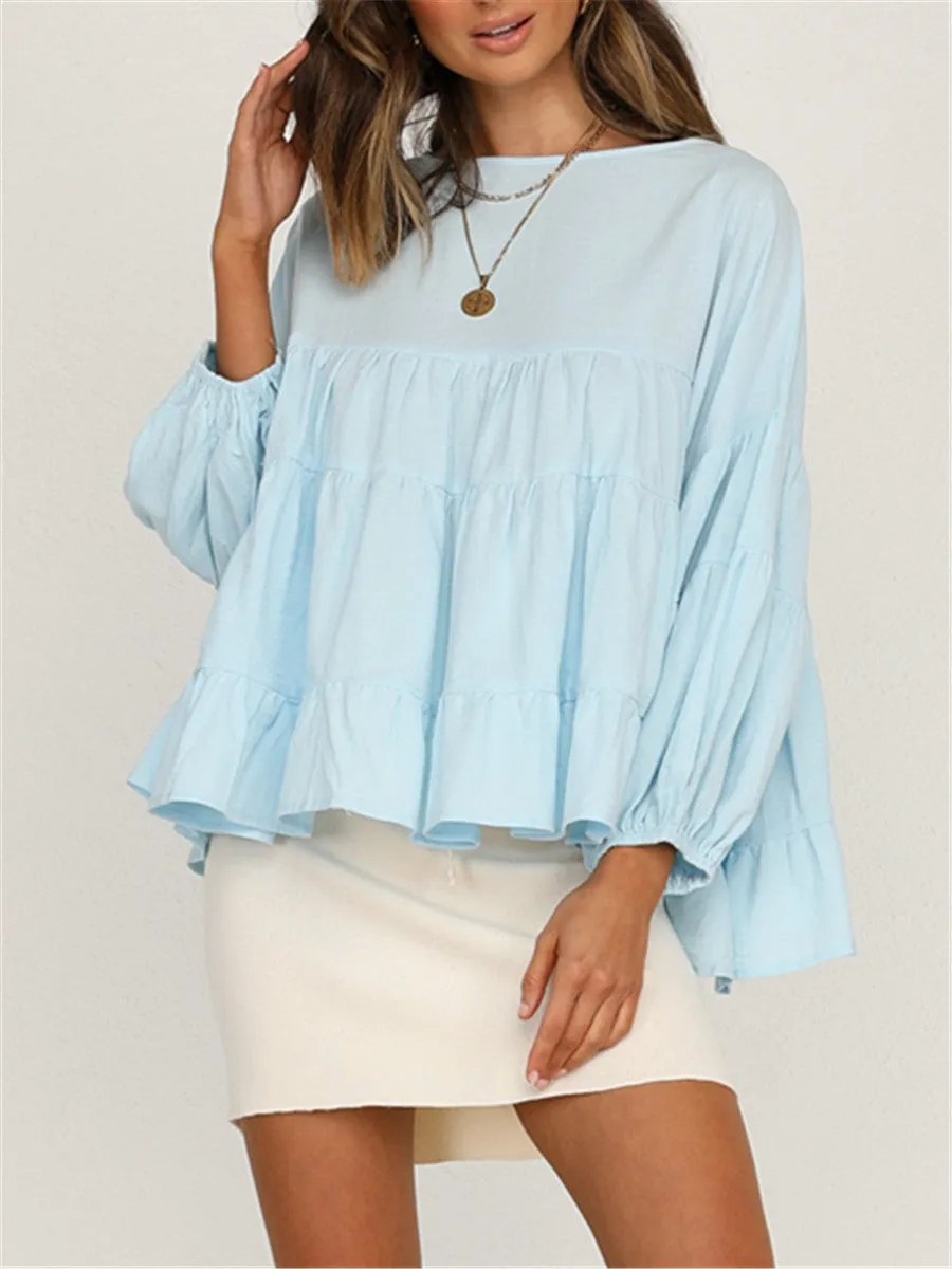 Round Neck Long-sleeved Ruffled Shirt