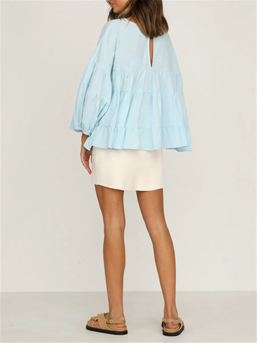 Round Neck Long-sleeved Ruffled Shirt