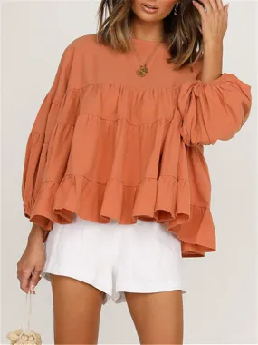 Round Neck Long-sleeved Ruffled Shirt