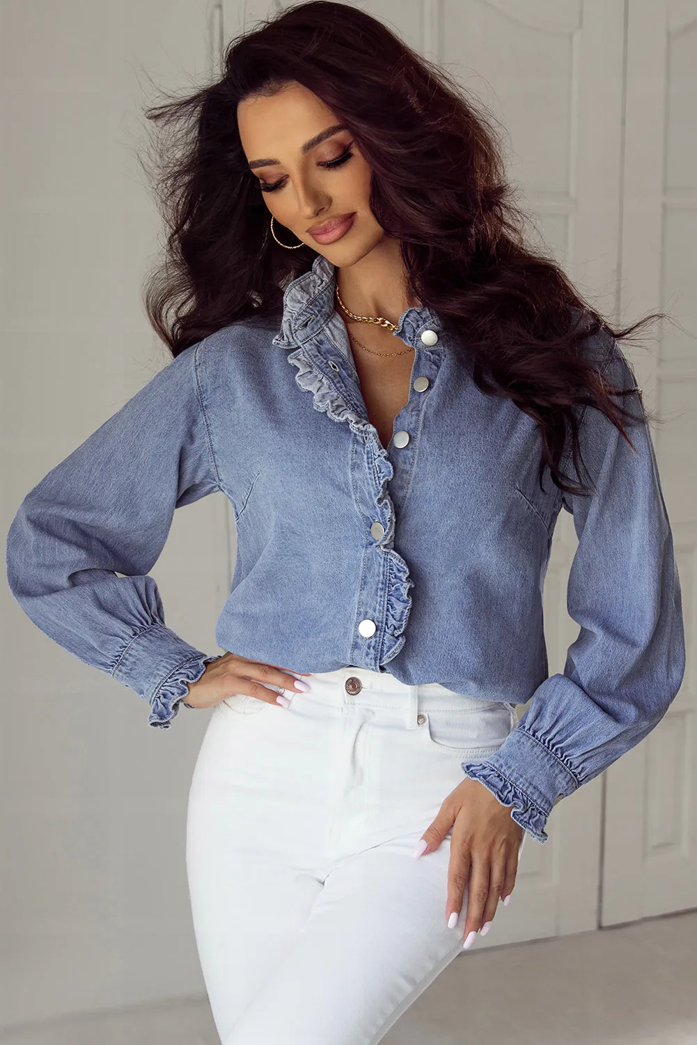 Ruffled Long Sleeve Denim Shirt