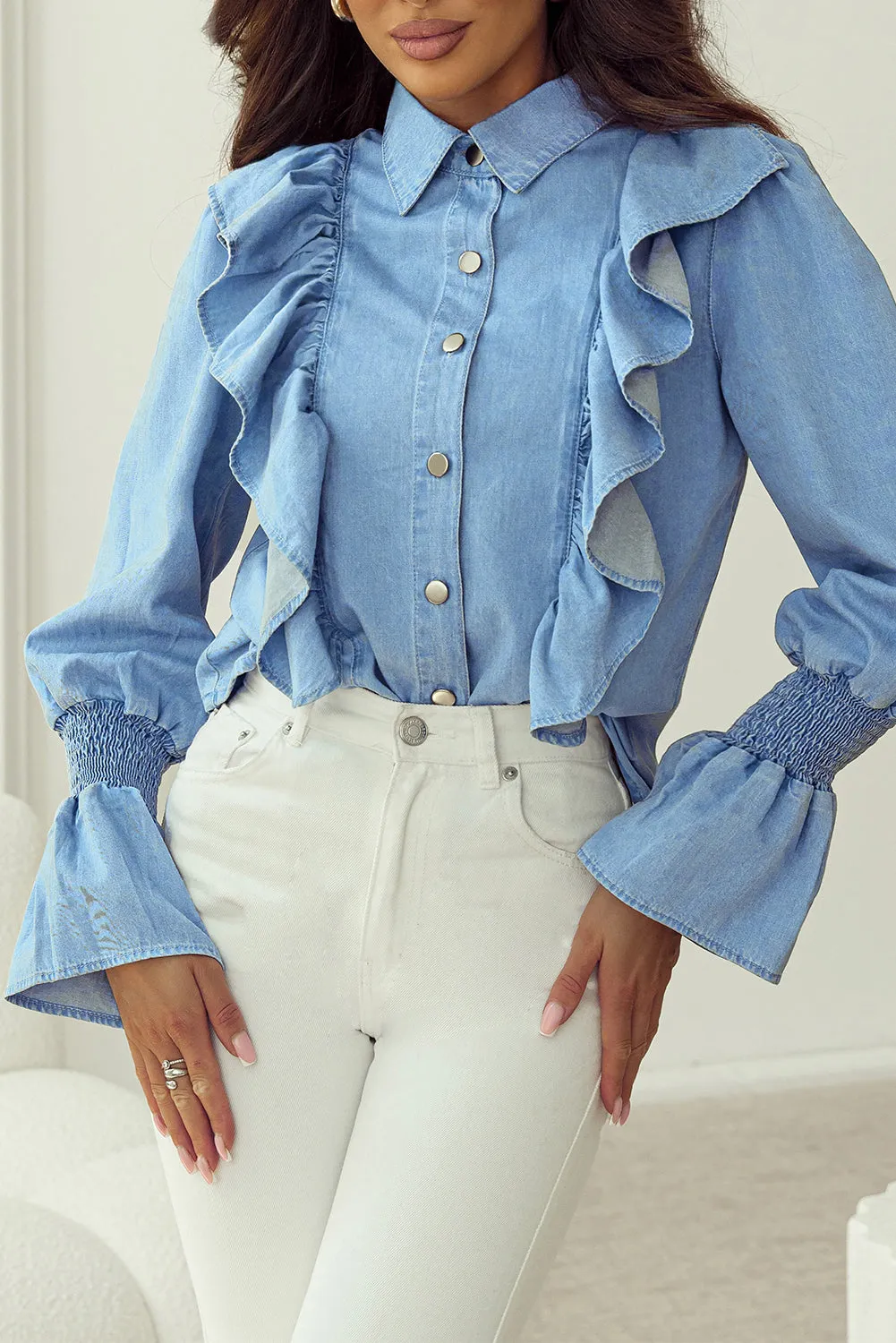 Ruffled Shirred Cuffs Chambray Shirt