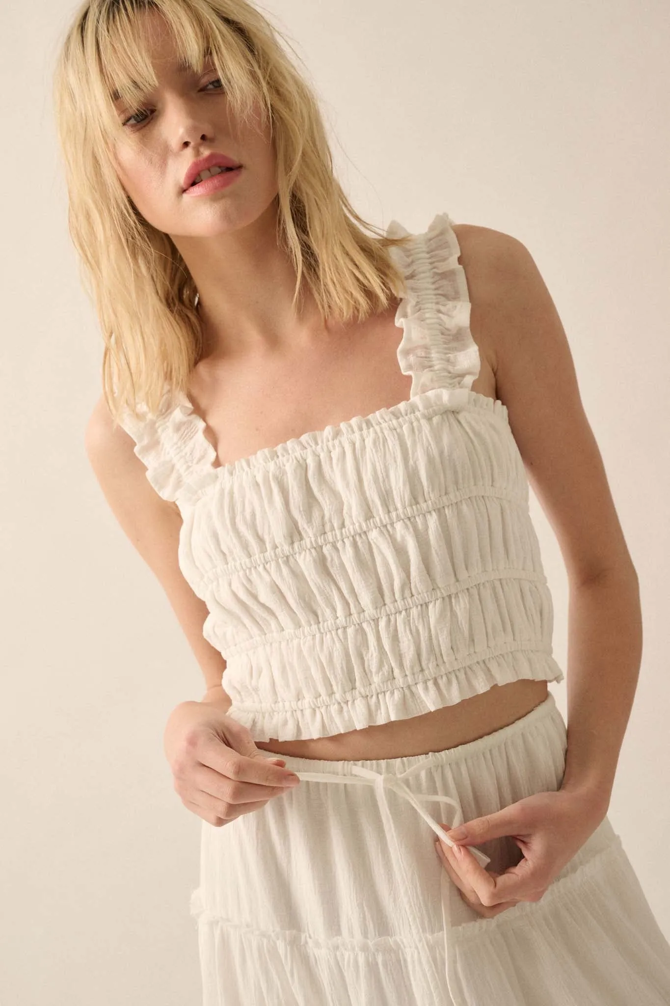 Sandy Shores Smocked Ruffle Cropped Cami Top