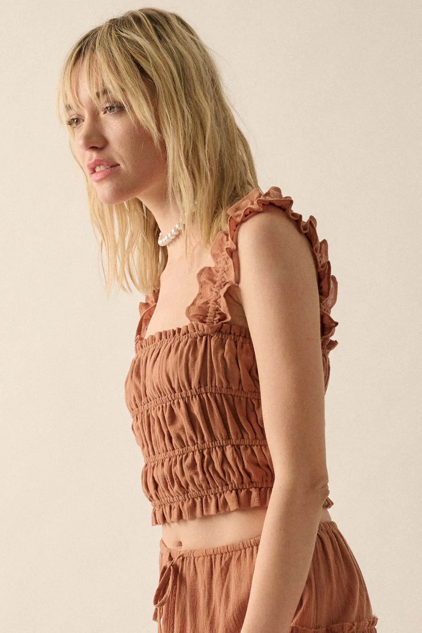 Sandy Shores Smocked Ruffle Cropped Cami Top