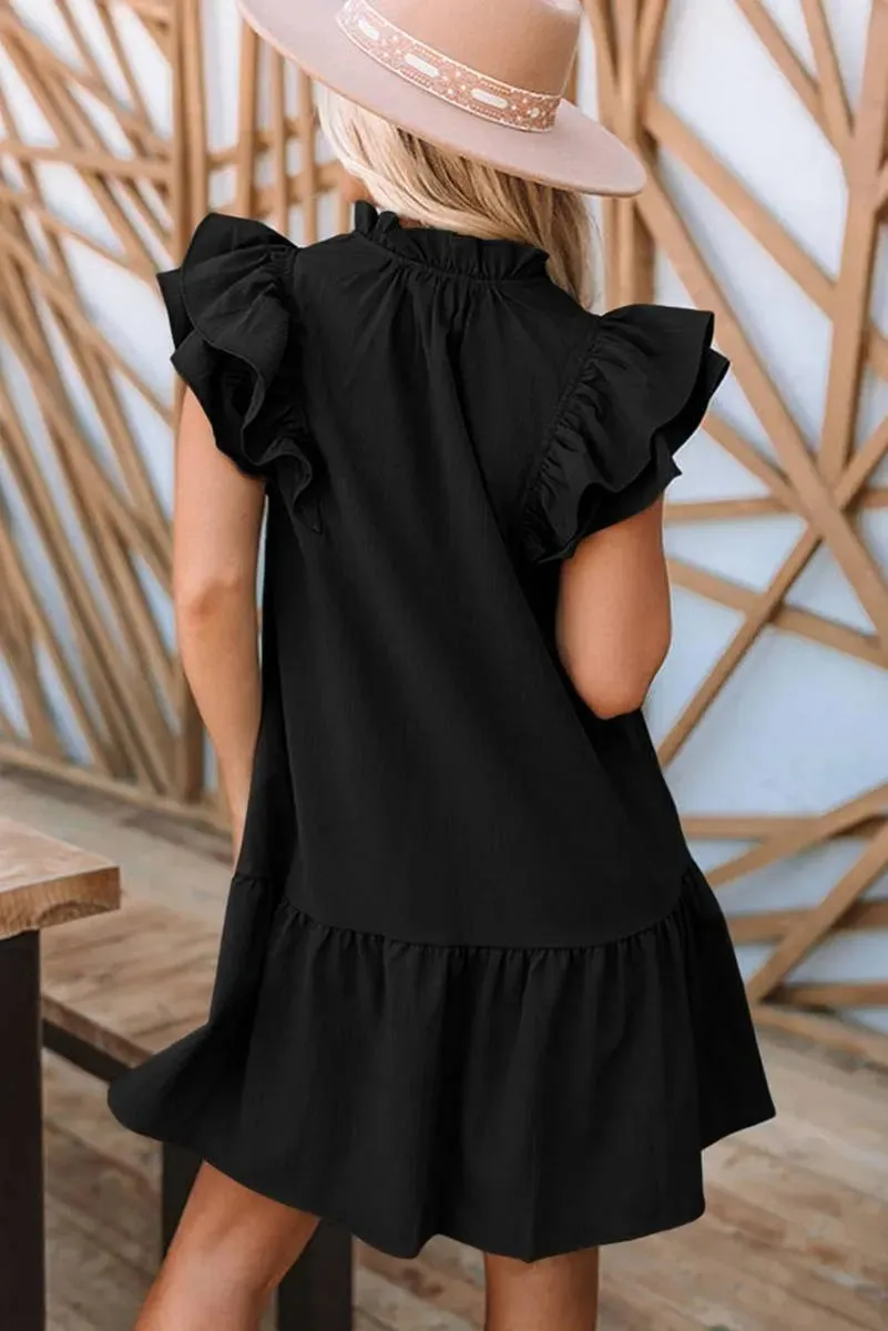 Shop Our Floral Embroidered Ruffle Sleeve Black Mini Dress for a Chic and Feminine Look!