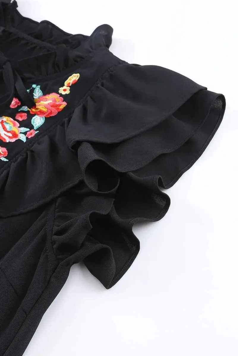 Shop Our Floral Embroidered Ruffle Sleeve Black Mini Dress for a Chic and Feminine Look!