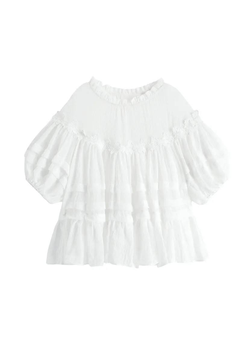 Style White Lace Ruffled Patchwork Cotton Blouses Lantern Sleeve FF020