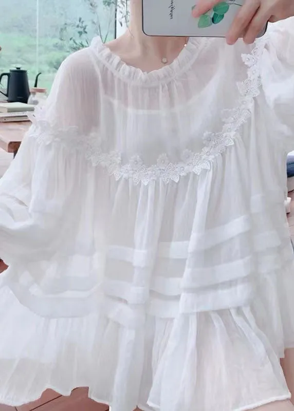 Style White Lace Ruffled Patchwork Cotton Blouses Lantern Sleeve FF020